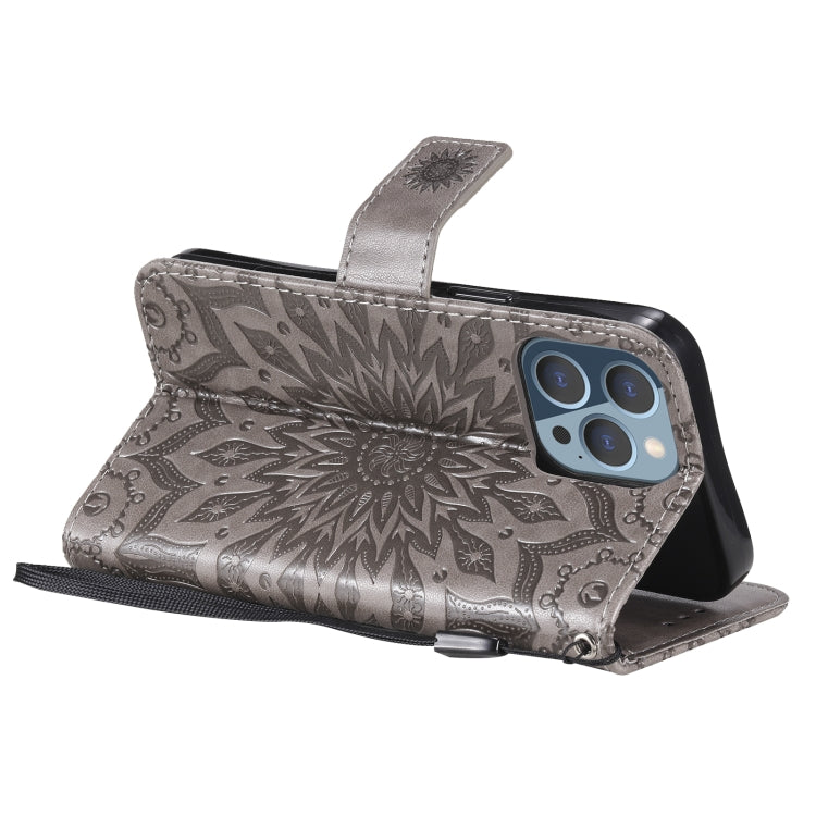 For iPhone 13 Pro Pressed Printing Sunflower Pattern Horizontal Flip PU Leather Case Holder & Card Slots & Wallet & Lanyard
