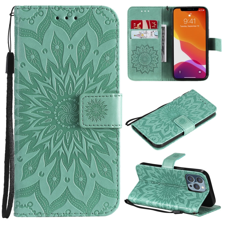 For iPhone 13 Pro Pressed Printing Sunflower Pattern Horizontal Flip PU Leather Case Holder & Card Slots & Wallet & Lanyard