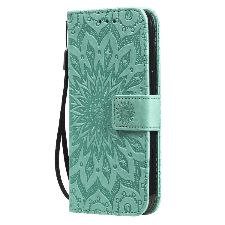 For iPhone 13 Pro Pressed Printing Sunflower Pattern Horizontal Flip PU Leather Case Holder & Card Slots & Wallet & Lanyard