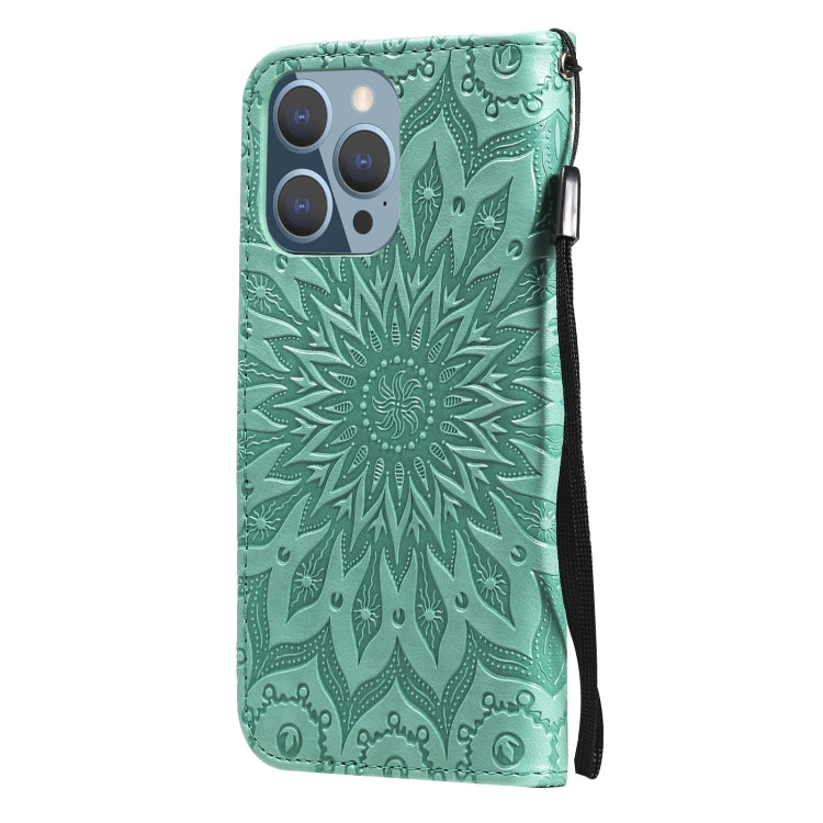 For iPhone 13 Pro Pressed Printing Sunflower Pattern Horizontal Flip PU Leather Case Holder & Card Slots & Wallet & Lanyard