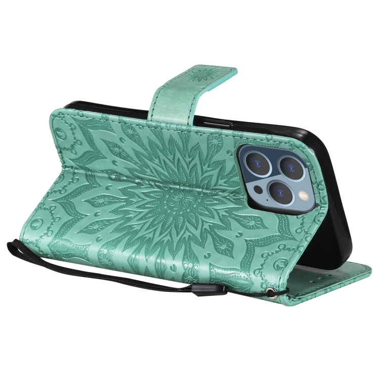For iPhone 13 Pro Pressed Printing Sunflower Pattern Horizontal Flip PU Leather Case Holder & Card Slots & Wallet & Lanyard