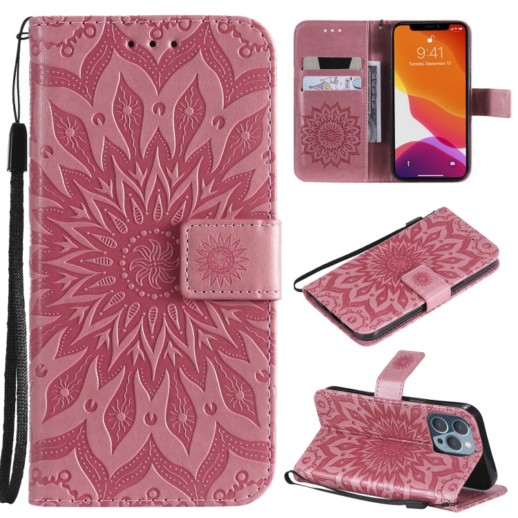 For iPhone 13 Pro Pressed Printing Sunflower Pattern Horizontal Flip PU Leather Case Holder & Card Slots & Wallet & Lanyard