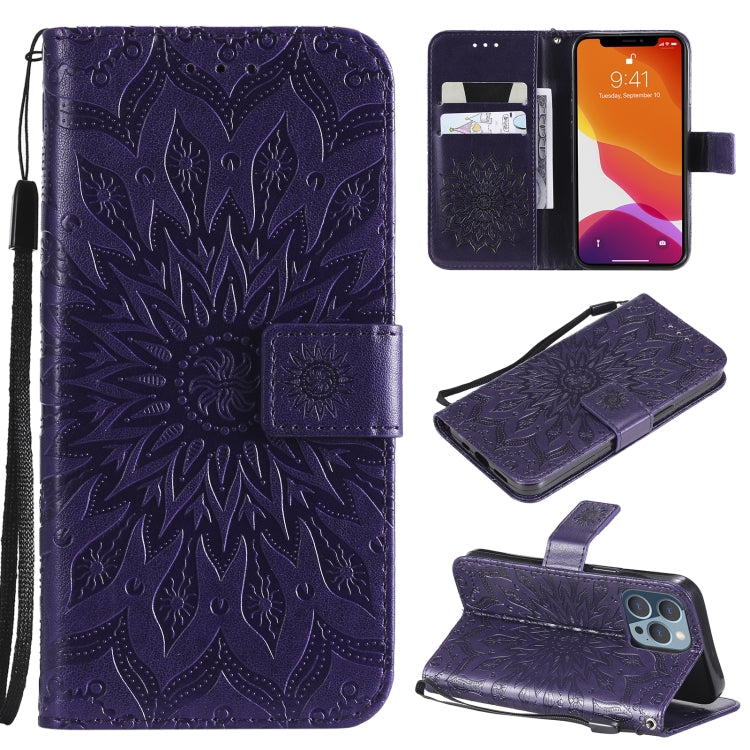 For iPhone 13 Pro Pressed Printing Sunflower Pattern Horizontal Flip PU Leather Case Holder & Card Slots & Wallet & Lanyard