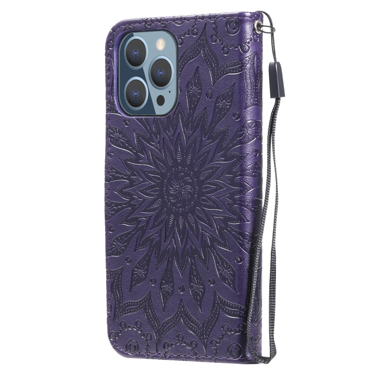 For iPhone 13 Pro Pressed Printing Sunflower Pattern Horizontal Flip PU Leather Case Holder & Card Slots & Wallet & Lanyard