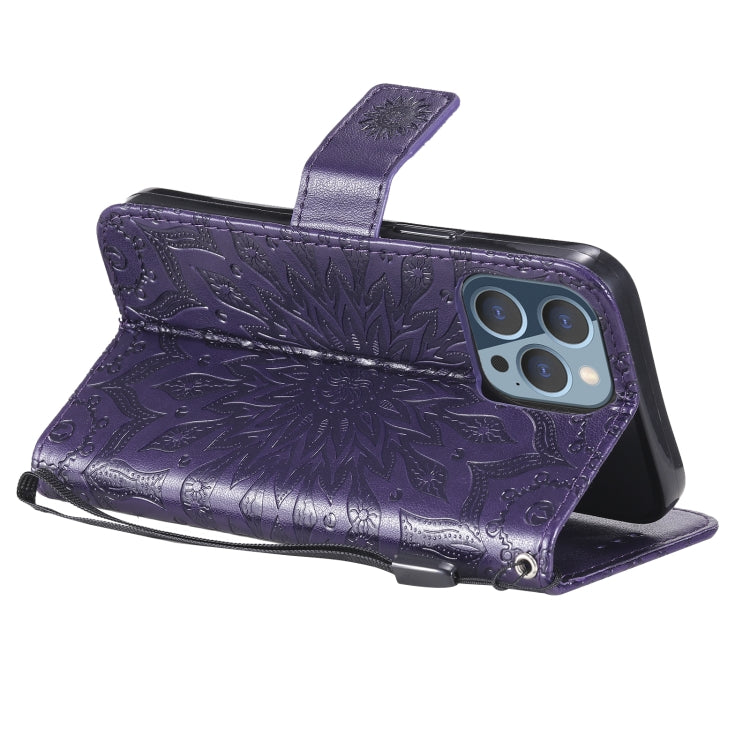 For iPhone 13 Pro Pressed Printing Sunflower Pattern Horizontal Flip PU Leather Case Holder & Card Slots & Wallet & Lanyard