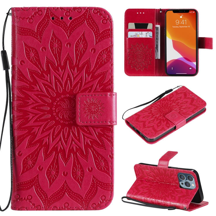 For iPhone 13 Pro Pressed Printing Sunflower Pattern Horizontal Flip PU Leather Case Holder & Card Slots & Wallet & Lanyard