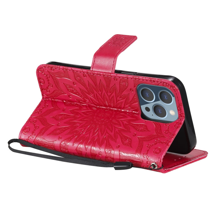 For iPhone 13 Pro Pressed Printing Sunflower Pattern Horizontal Flip PU Leather Case Holder & Card Slots & Wallet & Lanyard