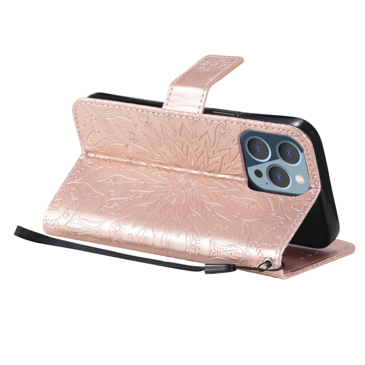 For iPhone 13 Pro Pressed Printing Sunflower Pattern Horizontal Flip PU Leather Case Holder & Card Slots & Wallet & Lanyard