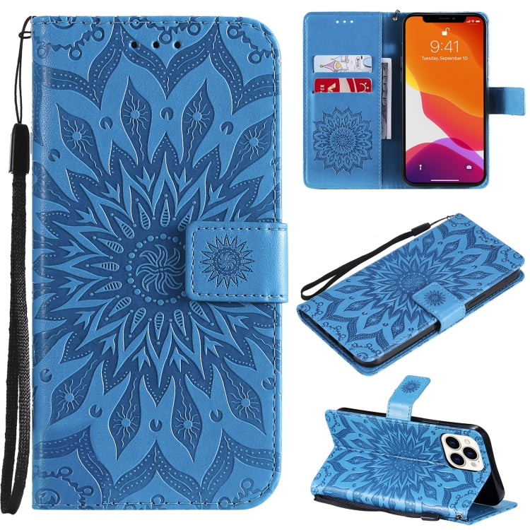 For iPhone 13 Pro Max Pressed Printing Sunflower Pattern Horizontal Flip PU Leather Case Holder & Card Slots & Wallet & Lanyard