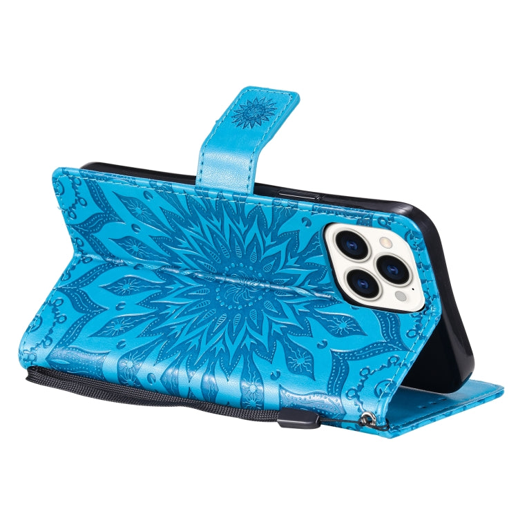 For iPhone 13 Pro Max Pressed Printing Sunflower Pattern Horizontal Flip PU Leather Case Holder & Card Slots & Wallet & Lanyard