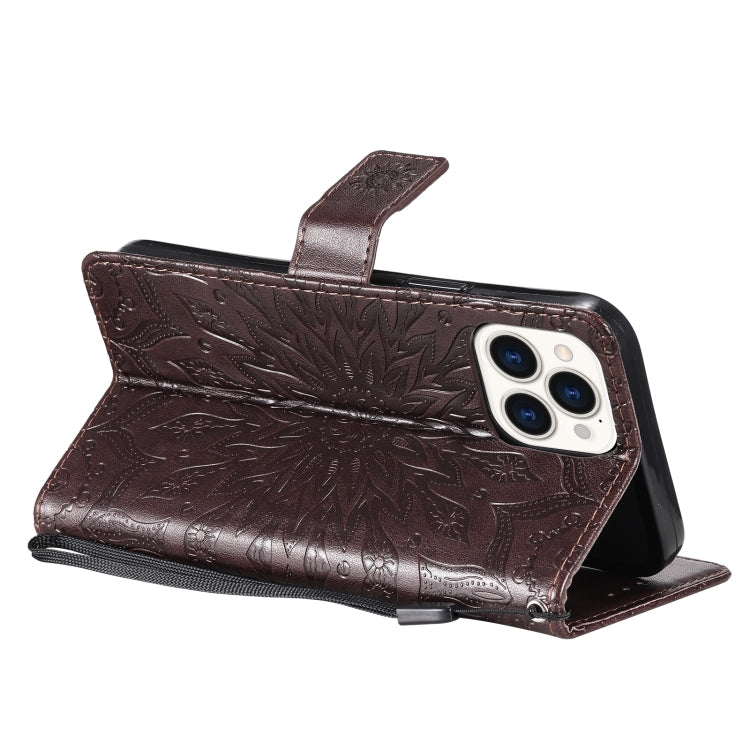 For iPhone 13 Pro Max Pressed Printing Sunflower Pattern Horizontal Flip PU Leather Case Holder & Card Slots & Wallet & Lanyard
