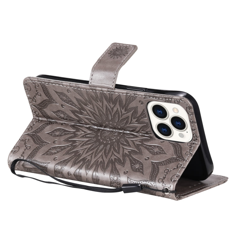 For iPhone 13 Pro Max Pressed Printing Sunflower Pattern Horizontal Flip PU Leather Case Holder & Card Slots & Wallet & Lanyard