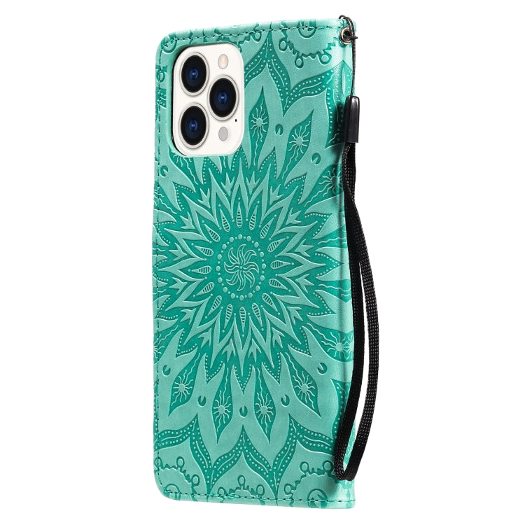 For iPhone 13 Pro Max Pressed Printing Sunflower Pattern Horizontal Flip PU Leather Case Holder & Card Slots & Wallet & Lanyard