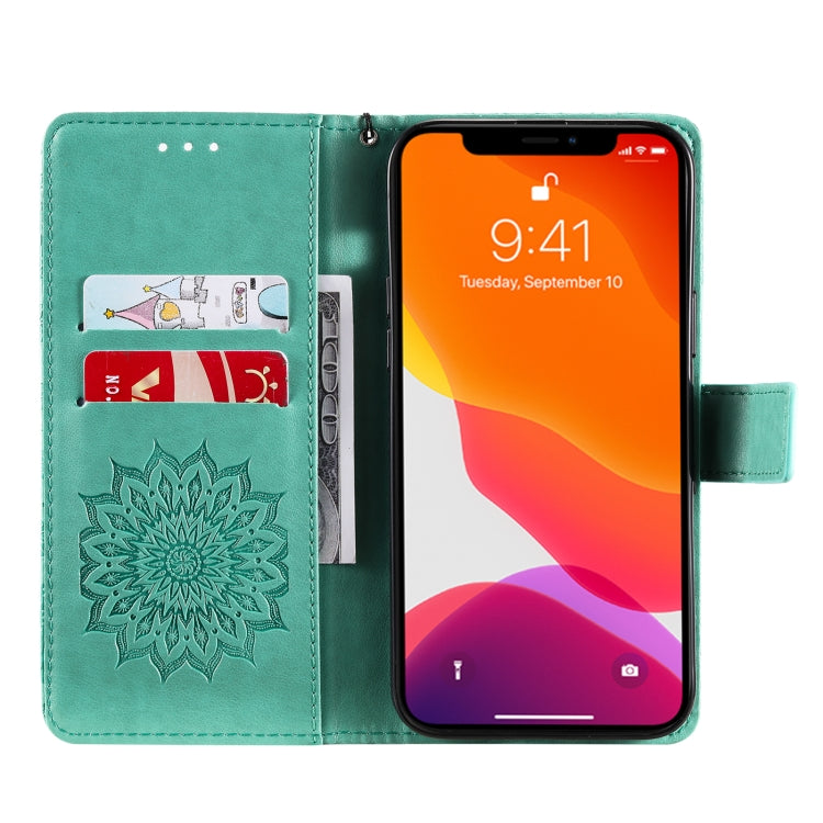 For iPhone 13 Pro Max Pressed Printing Sunflower Pattern Horizontal Flip PU Leather Case Holder & Card Slots & Wallet & Lanyard