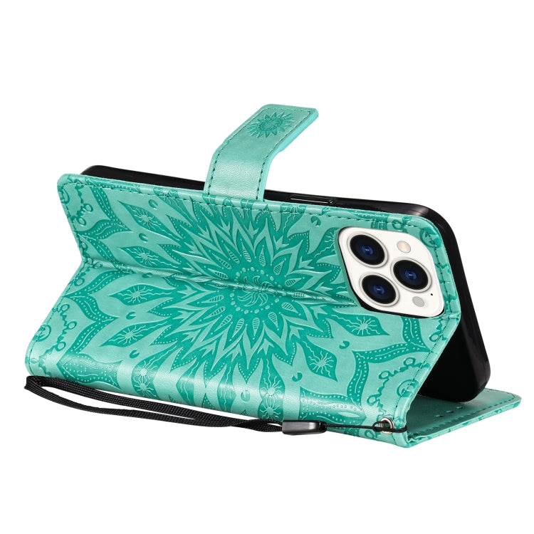 For iPhone 13 Pro Max Pressed Printing Sunflower Pattern Horizontal Flip PU Leather Case Holder & Card Slots & Wallet & Lanyard
