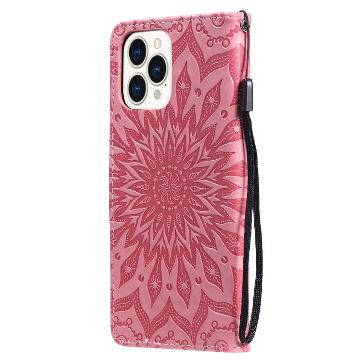 For iPhone 13 Pro Max Pressed Printing Sunflower Pattern Horizontal Flip PU Leather Case Holder & Card Slots & Wallet & Lanyard