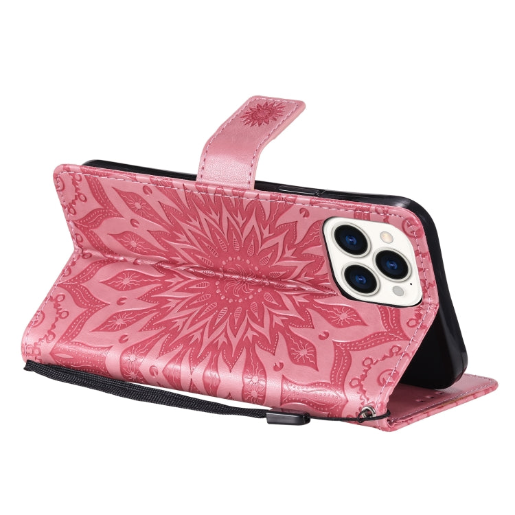 For iPhone 13 Pro Max Pressed Printing Sunflower Pattern Horizontal Flip PU Leather Case Holder & Card Slots & Wallet & Lanyard
