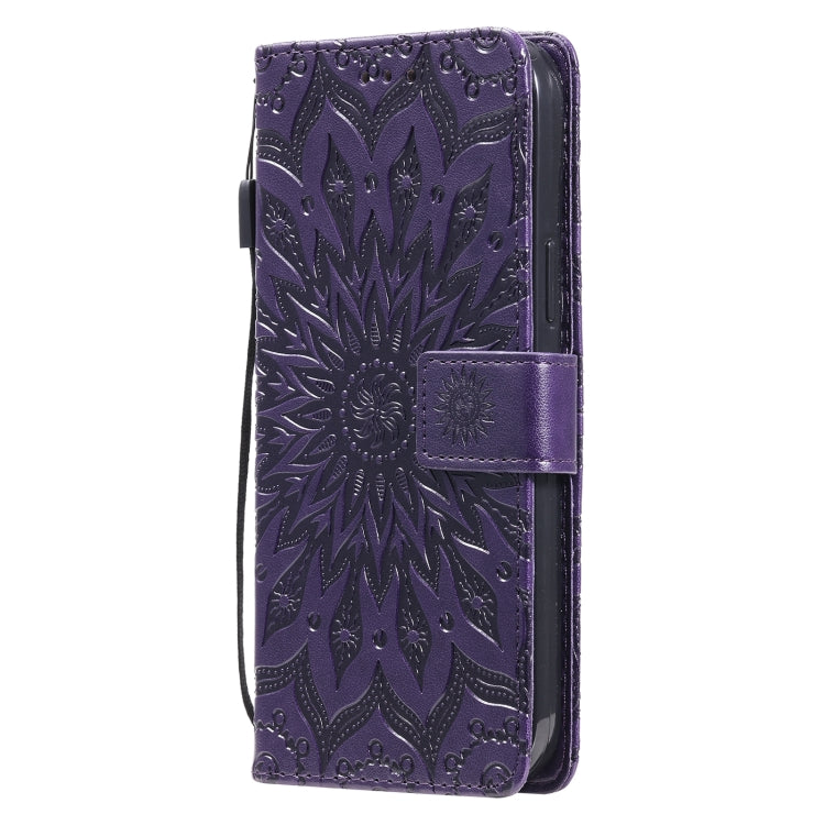For iPhone 13 Pro Max Pressed Printing Sunflower Pattern Horizontal Flip PU Leather Case Holder & Card Slots & Wallet & Lanyard