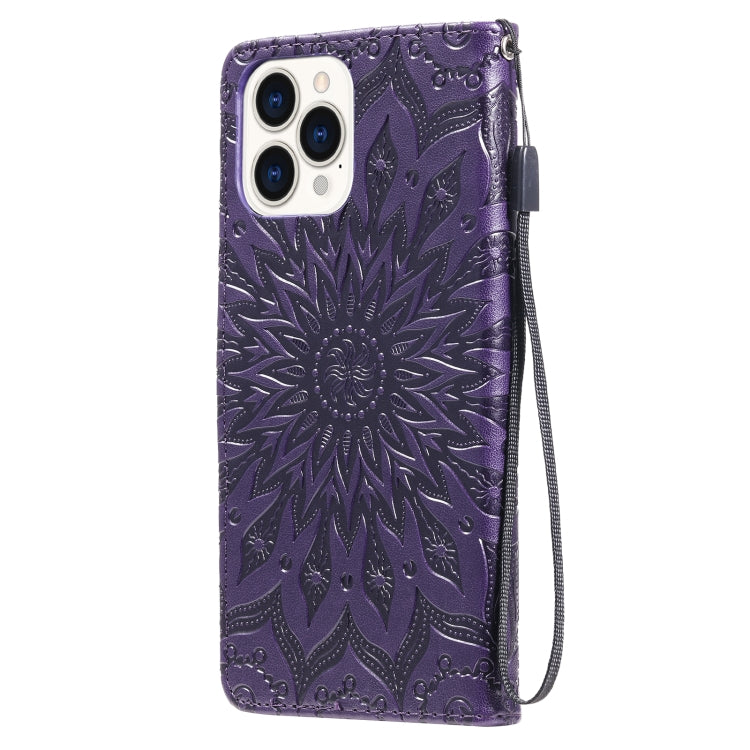For iPhone 13 Pro Max Pressed Printing Sunflower Pattern Horizontal Flip PU Leather Case Holder & Card Slots & Wallet & Lanyard