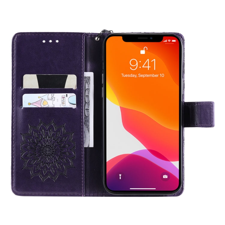 For iPhone 13 Pro Max Pressed Printing Sunflower Pattern Horizontal Flip PU Leather Case Holder & Card Slots & Wallet & Lanyard