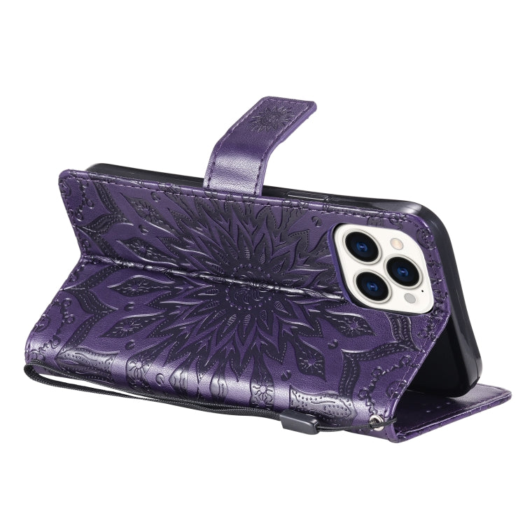 For iPhone 13 Pro Max Pressed Printing Sunflower Pattern Horizontal Flip PU Leather Case Holder & Card Slots & Wallet & Lanyard