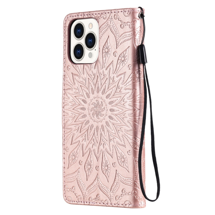 For iPhone 13 Pro Max Pressed Printing Sunflower Pattern Horizontal Flip PU Leather Case Holder & Card Slots & Wallet & Lanyard