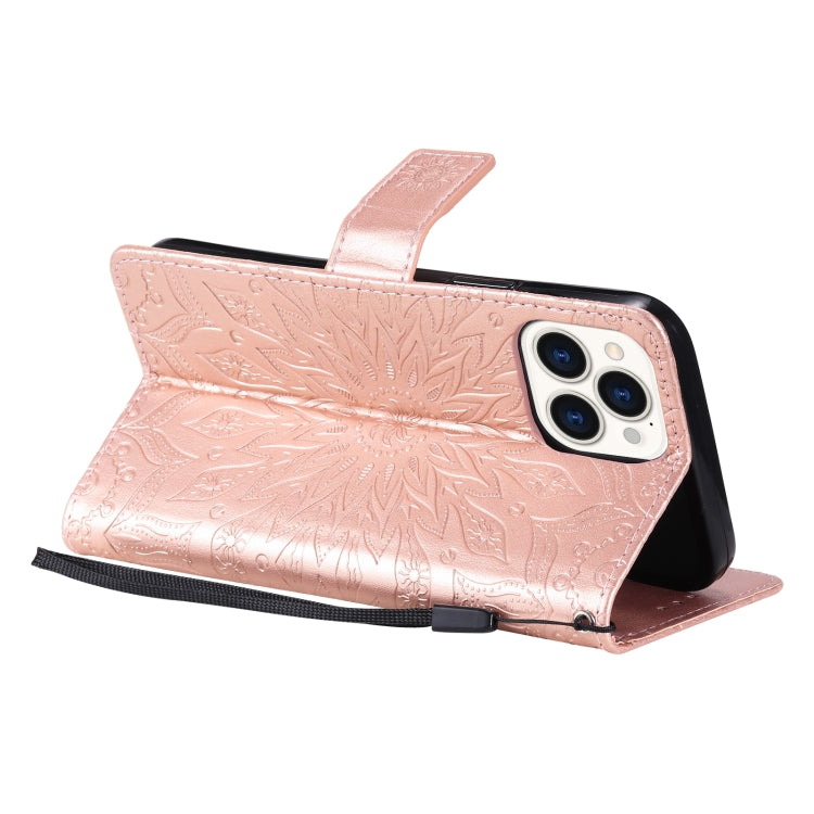 For iPhone 13 Pro Max Pressed Printing Sunflower Pattern Horizontal Flip PU Leather Case Holder & Card Slots & Wallet & Lanyard