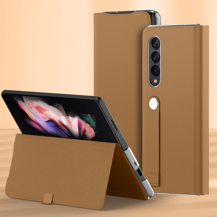 For Samsung Galaxy Z Fold3 5G Plain Leather Horizontal Flip Leather Case with Holder