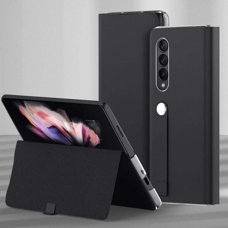For Samsung Galaxy Z Fold3 5G Plain Leather Horizontal Flip Leather Case with Holder