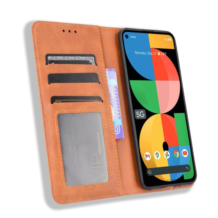 For Google Pixel 5a 5G Magnetic Buckle Retro Pattern Horizontal Flip Leather Case with Holder & Card Slot & Wallet