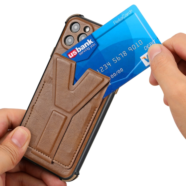 For iPhone 11 Pro Max Y Style Multifunction Card Stand Back Cover PU + TPU + PC Magnetic Shockproof Case