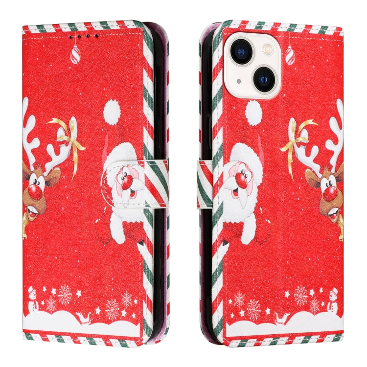 For iPhone 13 Silk Texture Christmas Painted Pattern Horizontal Flip Leather Case with Holder & Card Slots & Wallet & Photo Frame