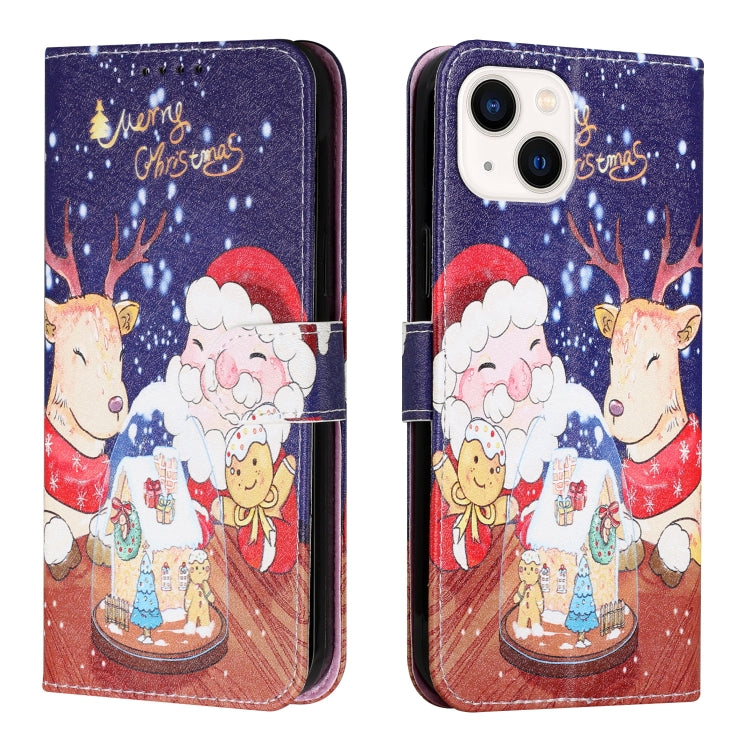 For iPhone 13 Silk Texture Christmas Painted Pattern Horizontal Flip Leather Case with Holder & Card Slots & Wallet & Photo Frame