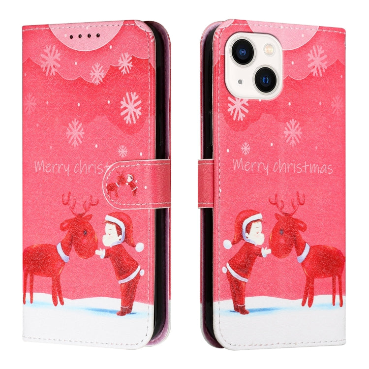 For iPhone 13 Silk Texture Christmas Painted Pattern Horizontal Flip Leather Case with Holder & Card Slots & Wallet & Photo Frame