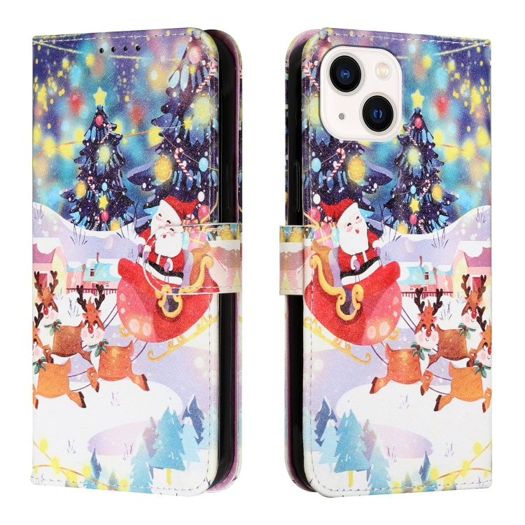 For iPhone 13 Silk Texture Christmas Painted Pattern Horizontal Flip Leather Case with Holder & Card Slots & Wallet & Photo Frame