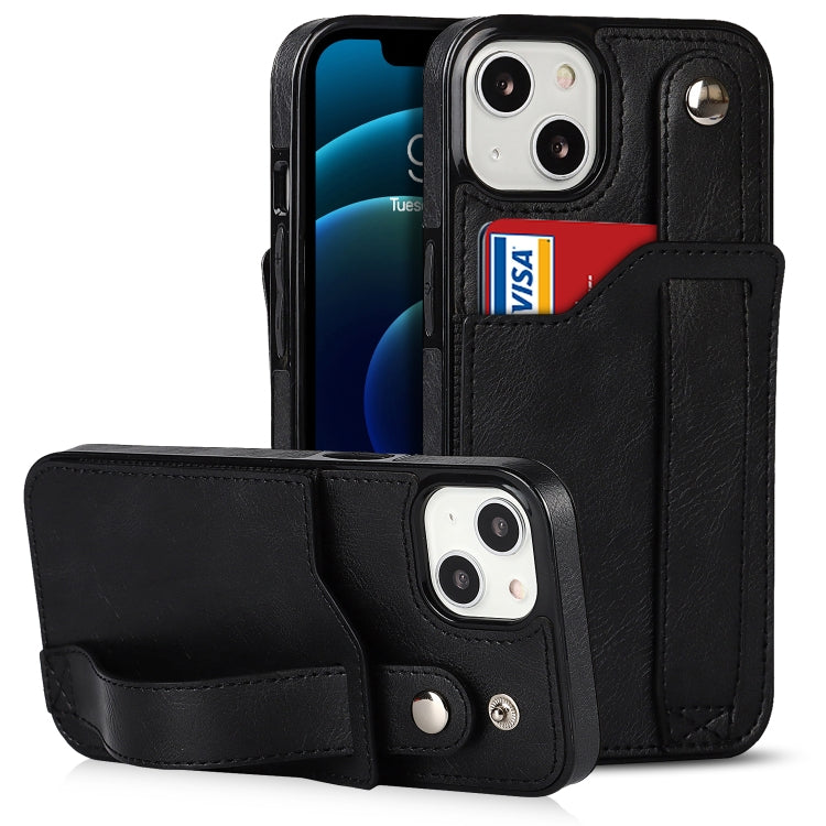 For iPhone 13 mini Crazy Horse Texture Shockproof TPU + PU Leather Case with Card Slot & Wrist Strap Holder