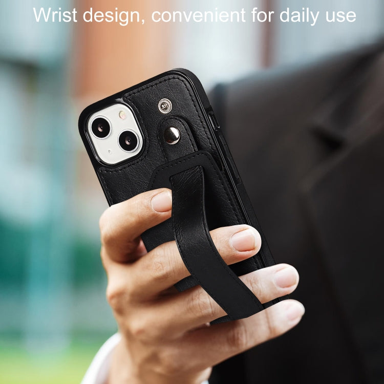 For iPhone 13 mini Crazy Horse Texture Shockproof TPU + PU Leather Case with Card Slot & Wrist Strap Holder
