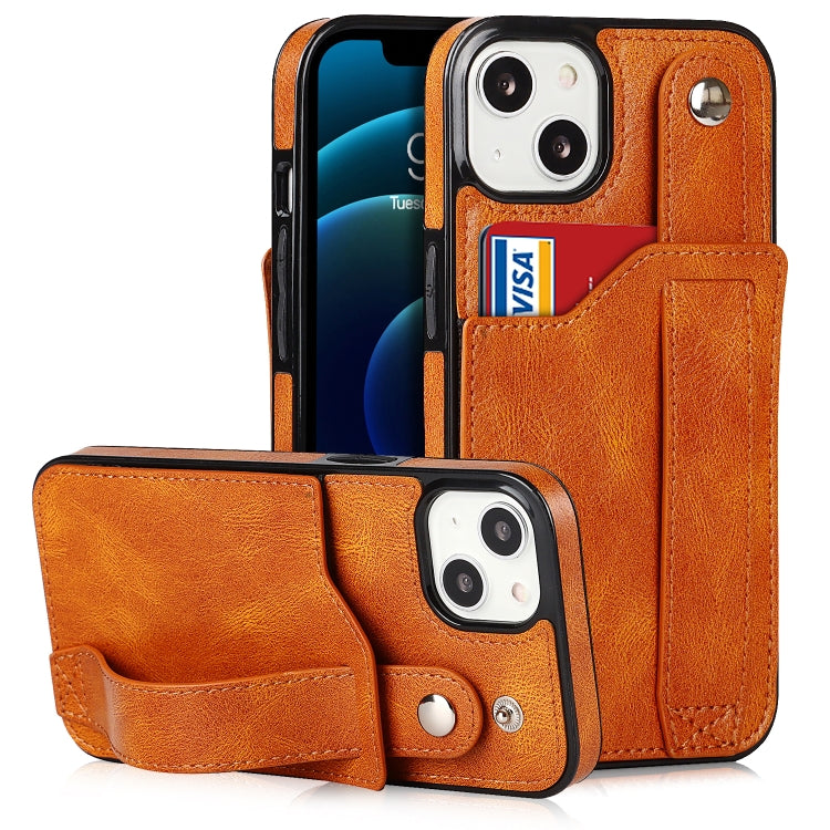 For iPhone 13 mini Crazy Horse Texture Shockproof TPU + PU Leather Case with Card Slot & Wrist Strap Holder