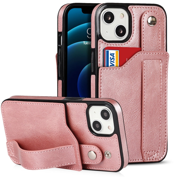 For iPhone 13 mini Crazy Horse Texture Shockproof TPU + PU Leather Case with Card Slot & Wrist Strap Holder