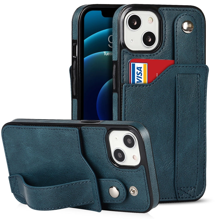 For iPhone 13 mini Crazy Horse Texture Shockproof TPU + PU Leather Case with Card Slot & Wrist Strap Holder