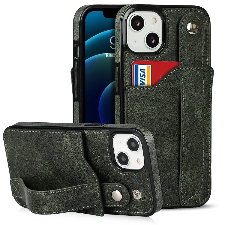 For iPhone 13 mini Crazy Horse Texture Shockproof TPU + PU Leather Case with Card Slot & Wrist Strap Holder