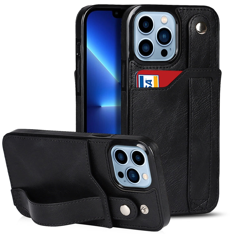 For iPhone 13 Pro Crazy Horse Texture Shockproof TPU + PU Leather Case with Card Slot & Wrist Strap Holder
