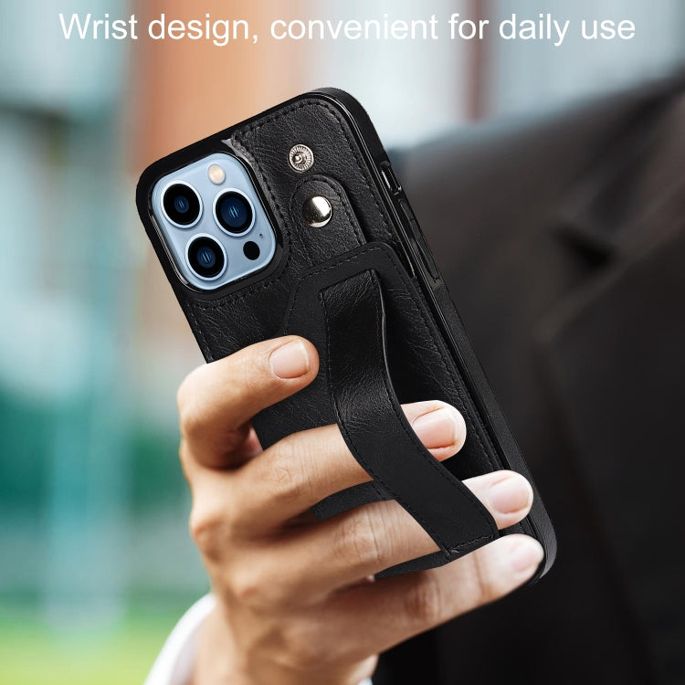 For iPhone 13 Pro Crazy Horse Texture Shockproof TPU + PU Leather Case with Card Slot & Wrist Strap Holder