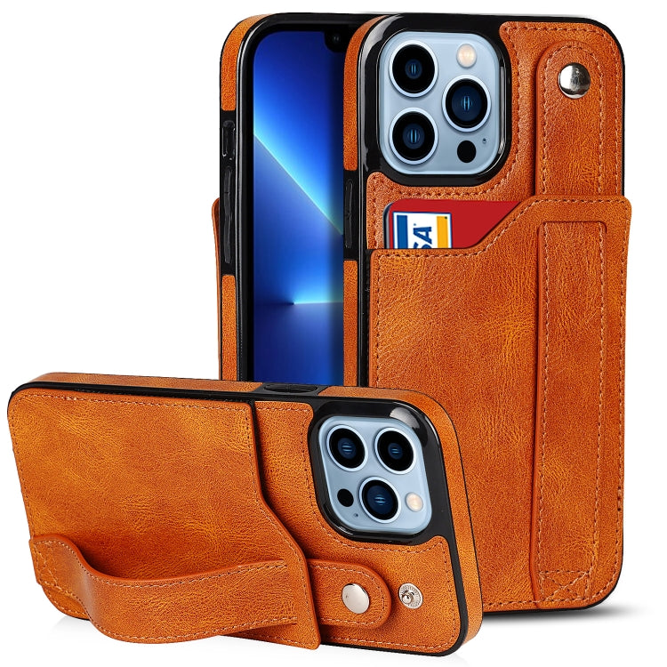 For iPhone 13 Pro Crazy Horse Texture Shockproof TPU + PU Leather Case with Card Slot & Wrist Strap Holder