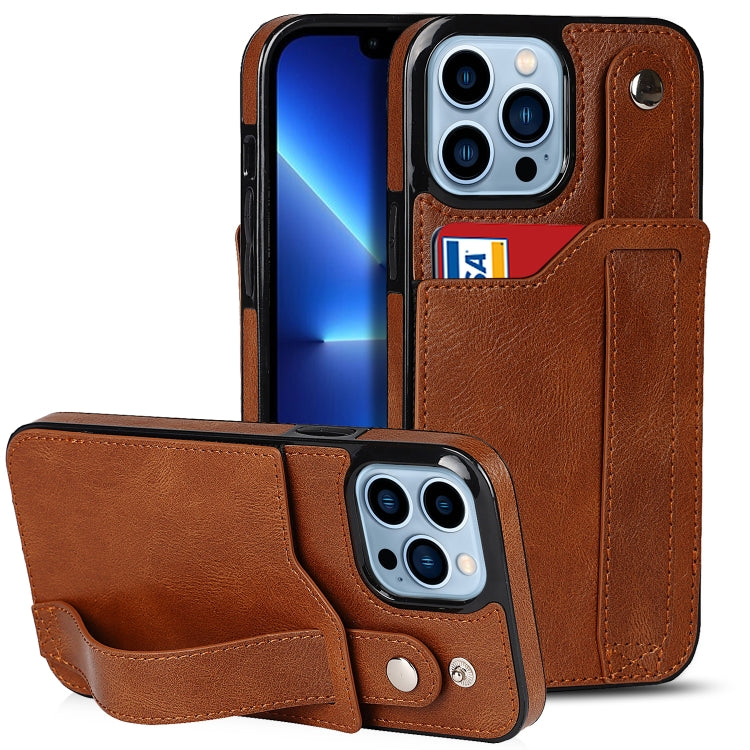 For iPhone 13 Pro Crazy Horse Texture Shockproof TPU + PU Leather Case with Card Slot & Wrist Strap Holder