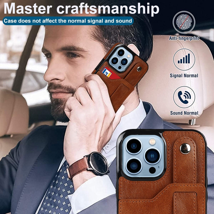 For iPhone 13 Pro Crazy Horse Texture Shockproof TPU + PU Leather Case with Card Slot & Wrist Strap Holder