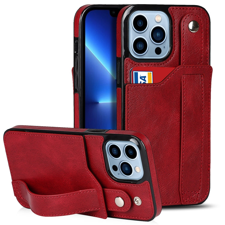 For iPhone 13 Pro Max Crazy Horse Texture Shockproof TPU + PU Leather Case with Card Slot & Wrist Strap Holder