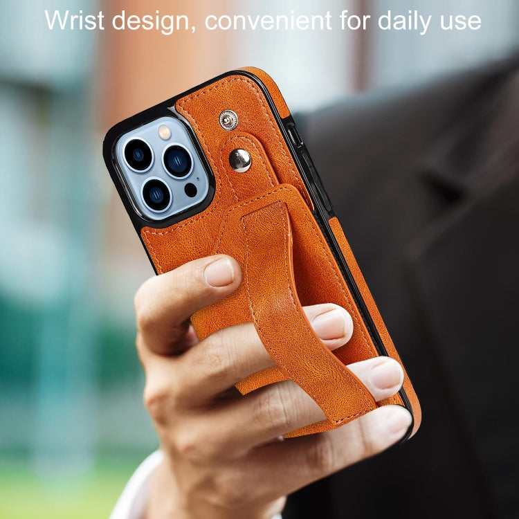 For iPhone 13 Pro Max Crazy Horse Texture Shockproof TPU + PU Leather Case with Card Slot & Wrist Strap Holder