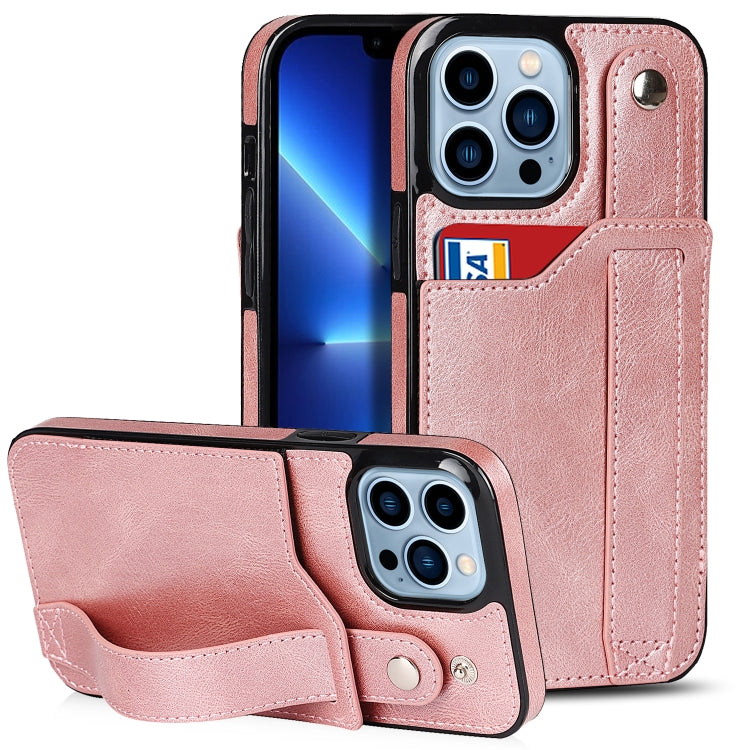 For iPhone 13 Pro Max Crazy Horse Texture Shockproof TPU + PU Leather Case with Card Slot & Wrist Strap Holder