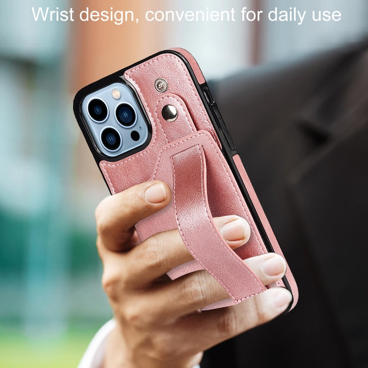 For iPhone 13 Pro Max Crazy Horse Texture Shockproof TPU + PU Leather Case with Card Slot & Wrist Strap Holder